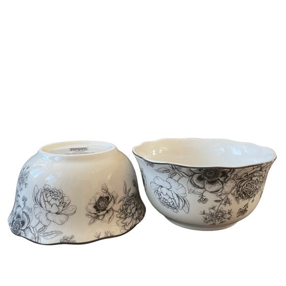 222 FIFTH Fine Porcelain Dashney Floral Salad Bowls 6in Gray White Set of 4 NEW - Picture 3 of 10